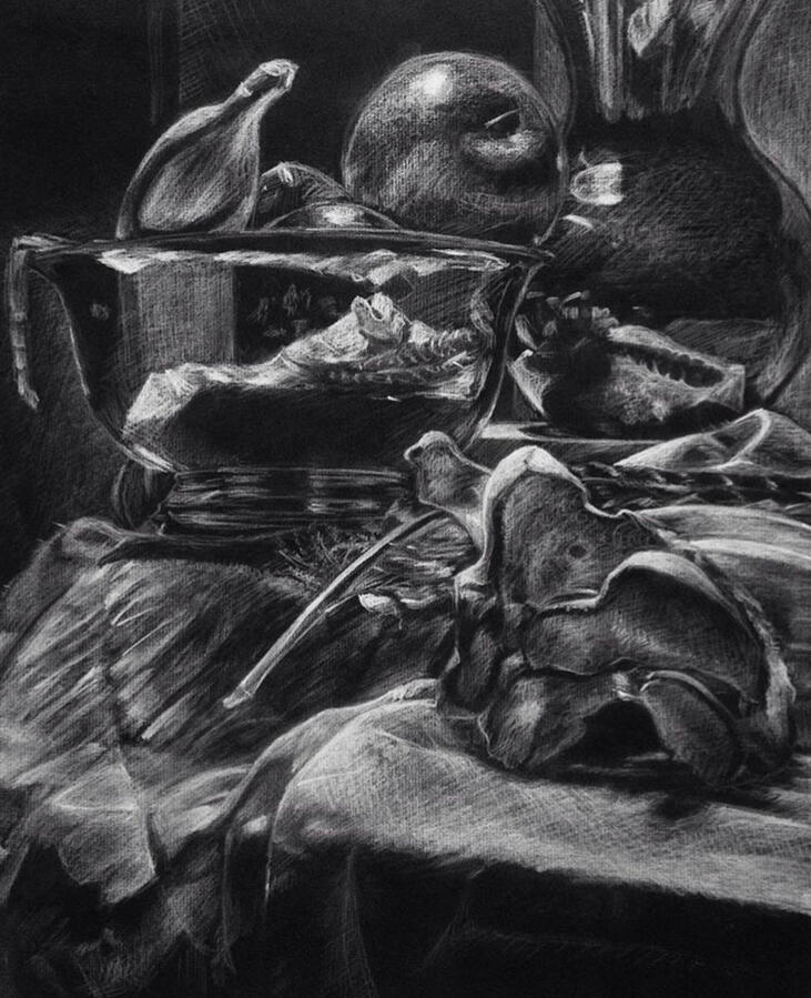 “Closet Still Life” - White charcoal on black paper